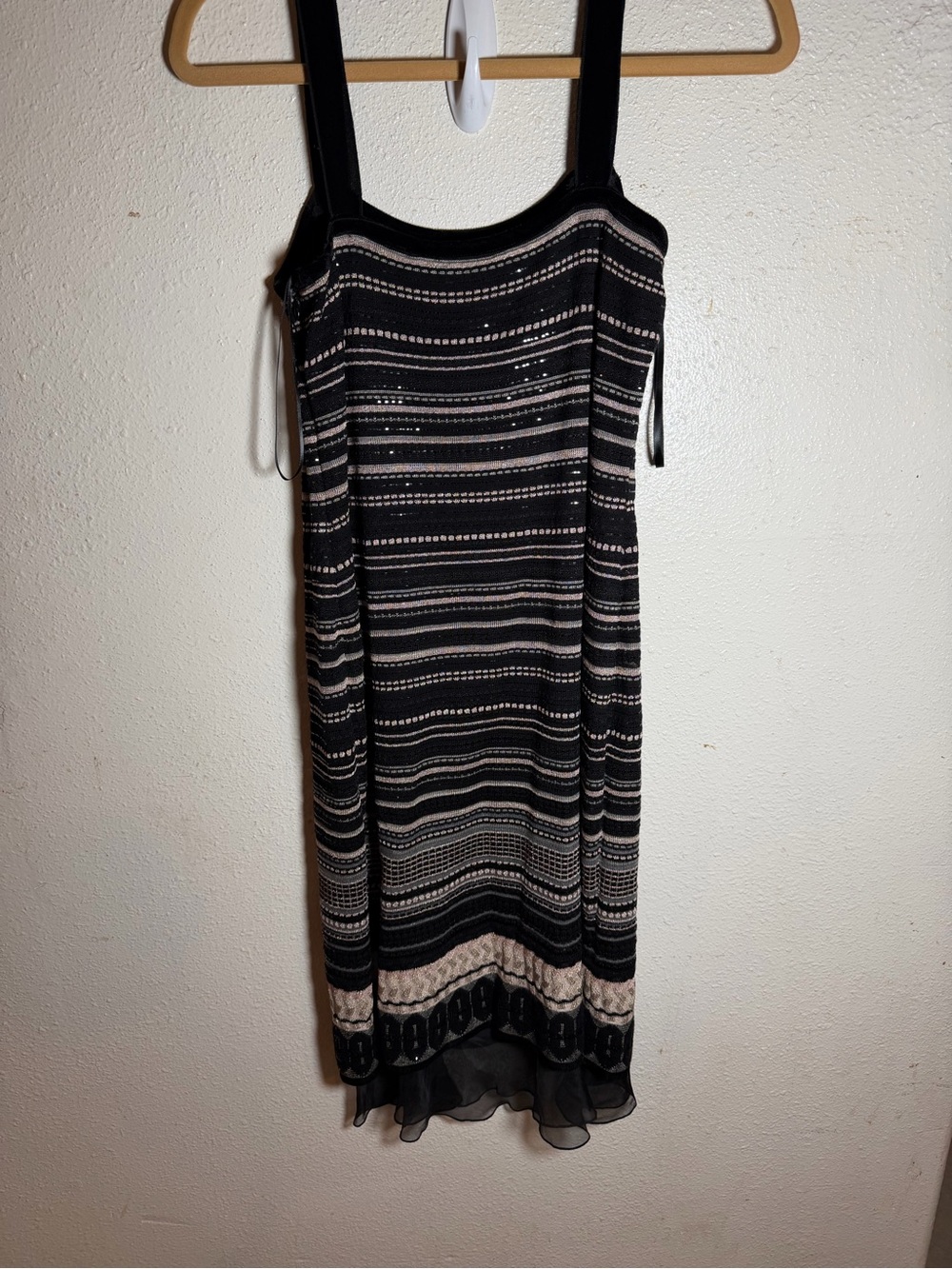 St. John Black and Cream Striped Knit Midi Dress